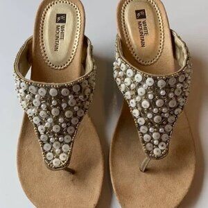 White Mountain | White and Gold Beaded Wedge Sandals | Size 8M | Summer Beach